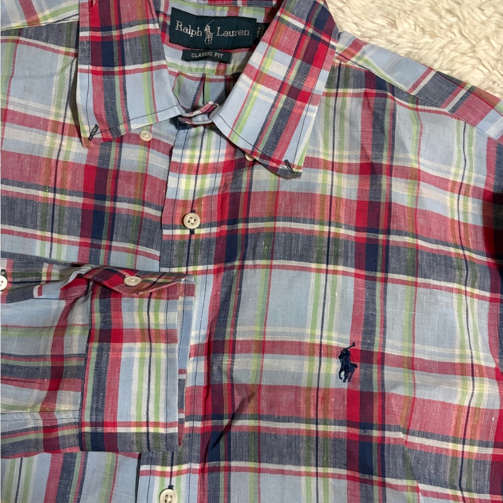 POLO RALPH LAUREN shirt men’s Lred/blue plaid long sleeve linen pony button down